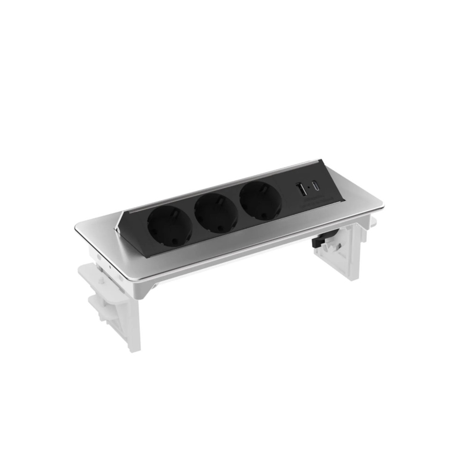 Kalb Voltaris 3er Flipup-Mehrfachsteckdose mit USB-A und USB-C in Weiß und Silber als Einbauleiste für Möbel - Bild 2