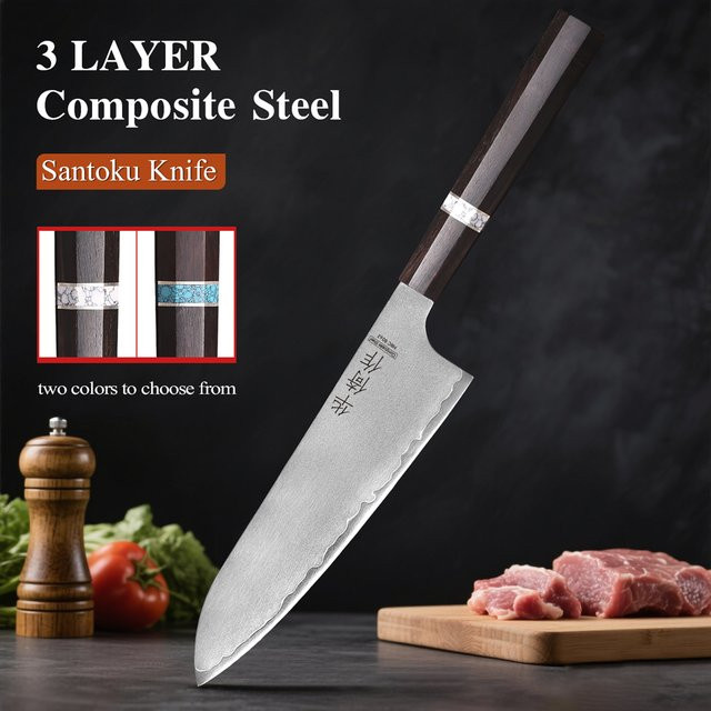 HUAYIGRAND Santoku-Messer aus dreischichtigem Verbundstahl, 17,78 cm, Weiß - Bild 1