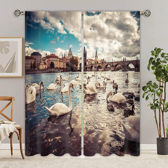Smaragdgrüne Vorhänge mit Naturlandschaft und See-Motiv, 2er-Set halbtransparente Dekovorhänge mit Ösen, B: 50 cm, H: 130 cm - Bild 1