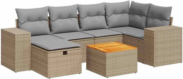 vidaXL 7-teilige Garten-Sofagarnitur in L-Form mit Kissen und Tisch, Beige, Poly-Rattan und pulverbeschichtetem Stahl - Bild 1