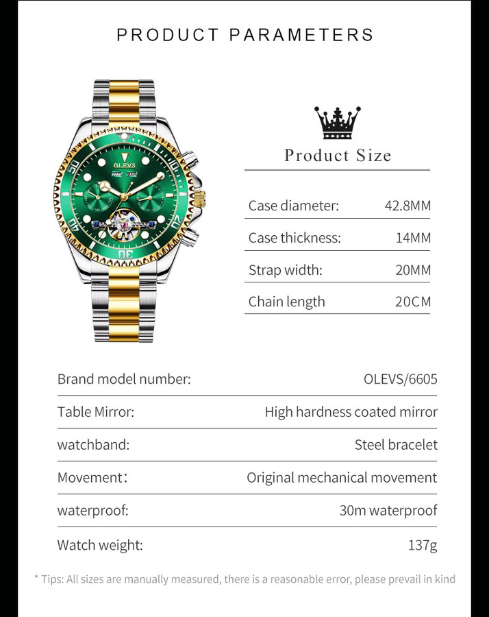 OLEVS Armbanduhr Automatik, Edelstahl, Grün, Gold, Herren - Bild 6