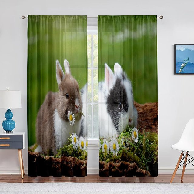 Transparente Tüllvorhänge mit Katzen- und Kaninchenmotiv in Grün, Breite: 100 cm, Höhe: 250 cm - Bild 1