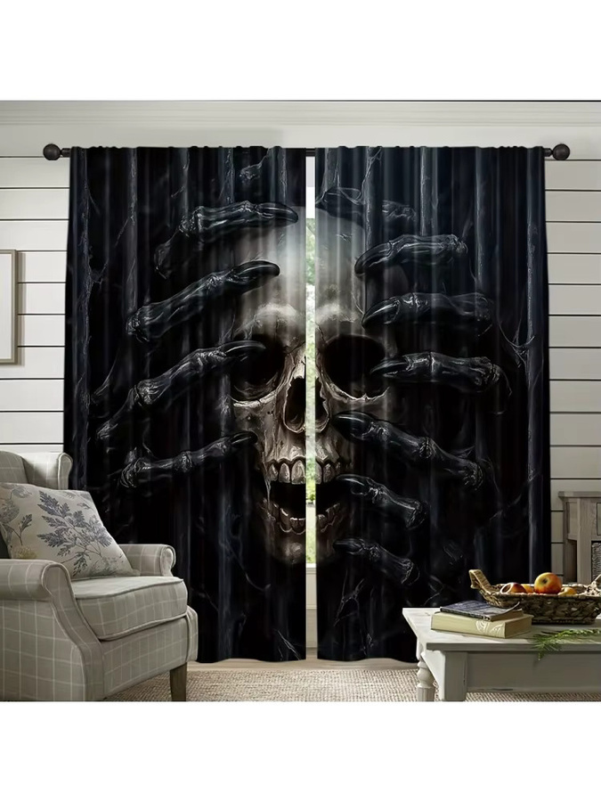 VIKAMA 2-teiliges Gothic-Vorhangset mit Totenkopf- und Hand-Motiven in Schwarz - Bild 4