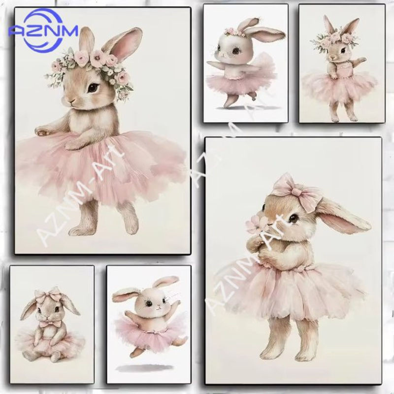 Selbstklebendes Ballerina-Hasen-Poster von AZNM in Rosa im Vintage-Stil für die Oster-Dekoration im Kinderzimmer - Bild 1