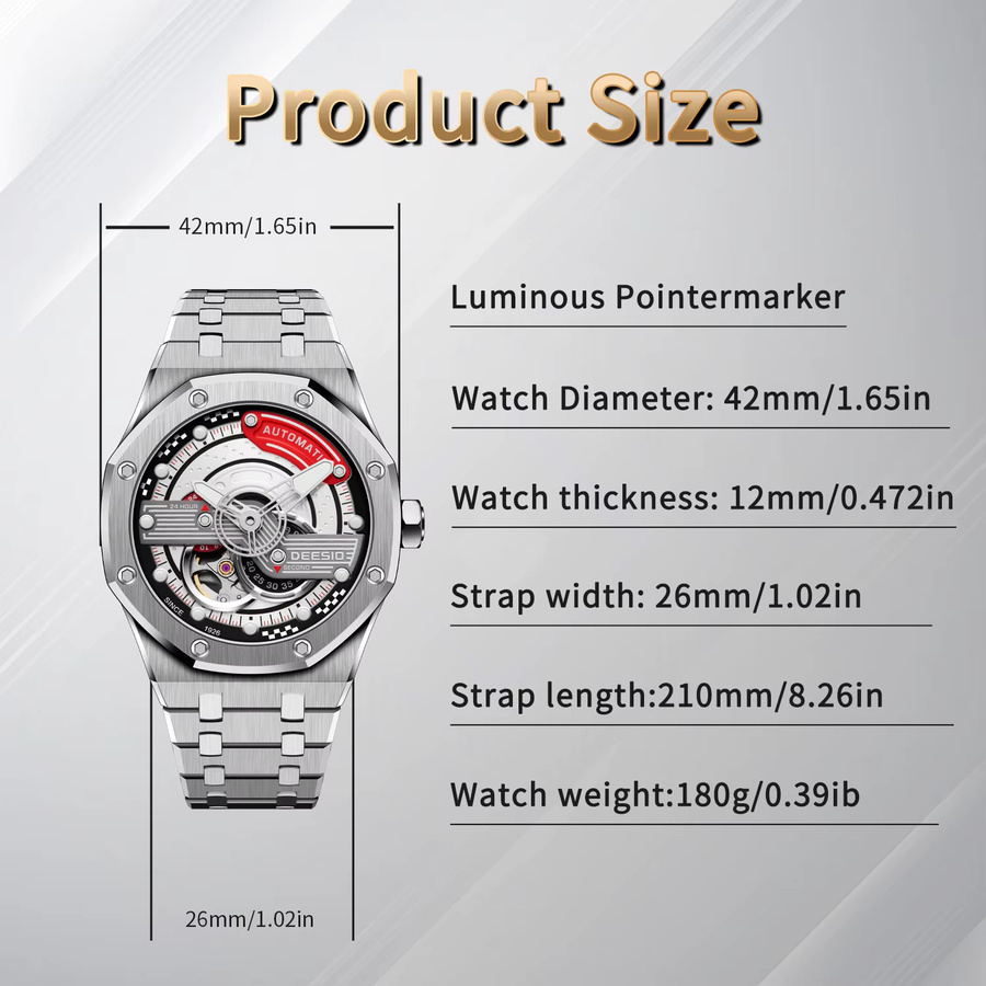 DEESIO Herren Armbanduhr, Automatik, Edelstahl, Silber, Leuchtzeiger - Bild 6