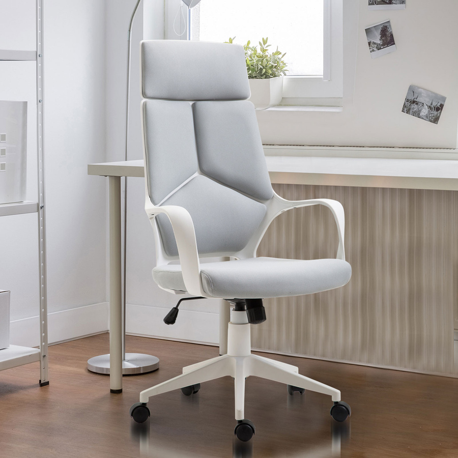 HOMCOM Ergonomischer Bürostuhl mit Armlehnen und Wippfunktion, Höhenverstellbarer Drehstuhl mit Netzbespannung in Grau und Weiß von Aosom - Bild 2