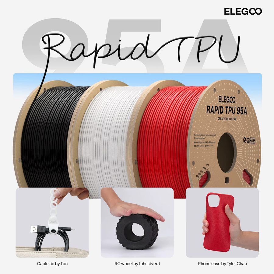 ELEGOO Rapid TPU 3D-Drucker Filament 1,75mm, 90A Härte, 1kg, Weiß Rot Schwarz - Bild 3