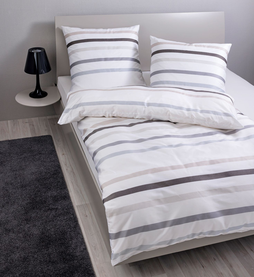Janine Bettwäsche Set aus Mako-Satin und gekämmter Baumwolle mit Kissenbezug, gestreift, Braun Grau Weiß, B/H: 200 x 220 cm und 80 x 80 cm - Bild 1