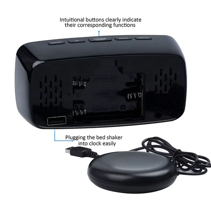 AASuper Multifunktionaler Bettvibrator mit lautem Vibrationsalarm und Schlummerfunktion, Dual-USB, Schwarz - Bild 6