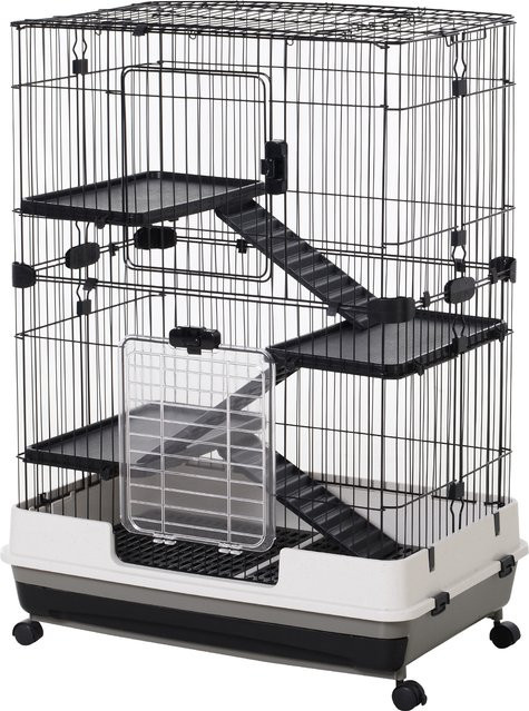 PawHut Kleintierkäfig aus pulverbeschichtetem Metall mit 4 Rollen und 2 Plattformen, Schwarz, B: 81,2 cm, T: 52,7 cm, H: 110 cm - Bild 1