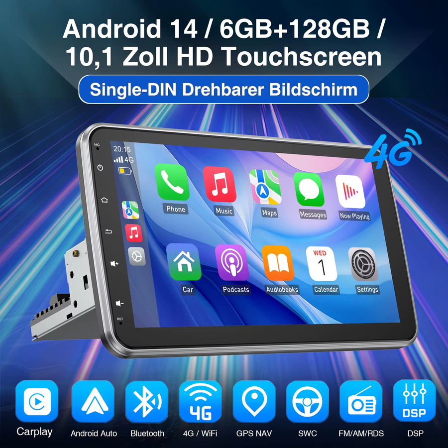 ESSGOO Universelles 1DIN Autoradio mit Android 14, 8-Kern Prozessor, 6+128G Speicher, 360° drehbarem Touchscreen, kabellosem CarPlay, Android Auto, GPS, 4G LTE, WiFi und Bluetooth in Schwarz - Bild 3