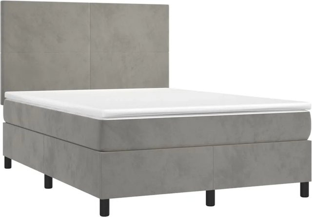 vidaXL Boxspringbett mit Matratze in Hellgrau, Hybridbett aus Samt mit LED-Unterbettbeleuchtung und USB-Anschluss, B/T: 140 x 200 cm - Bild 1