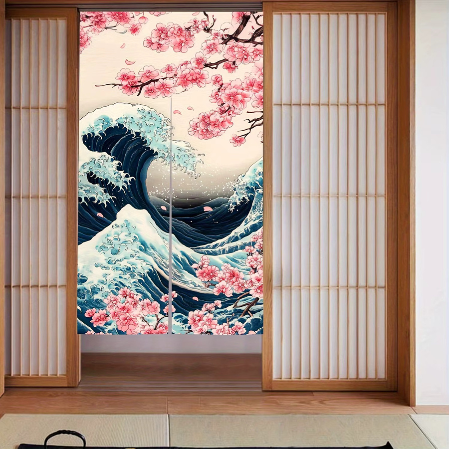 VIKAMA Nagawa Surfing Türvorhang mit rosa Kirschblüten Design, floraler Halbvorhang für Küche, Badezimmer oder Schlafzimmer, Farbe: Pink - Bild 2