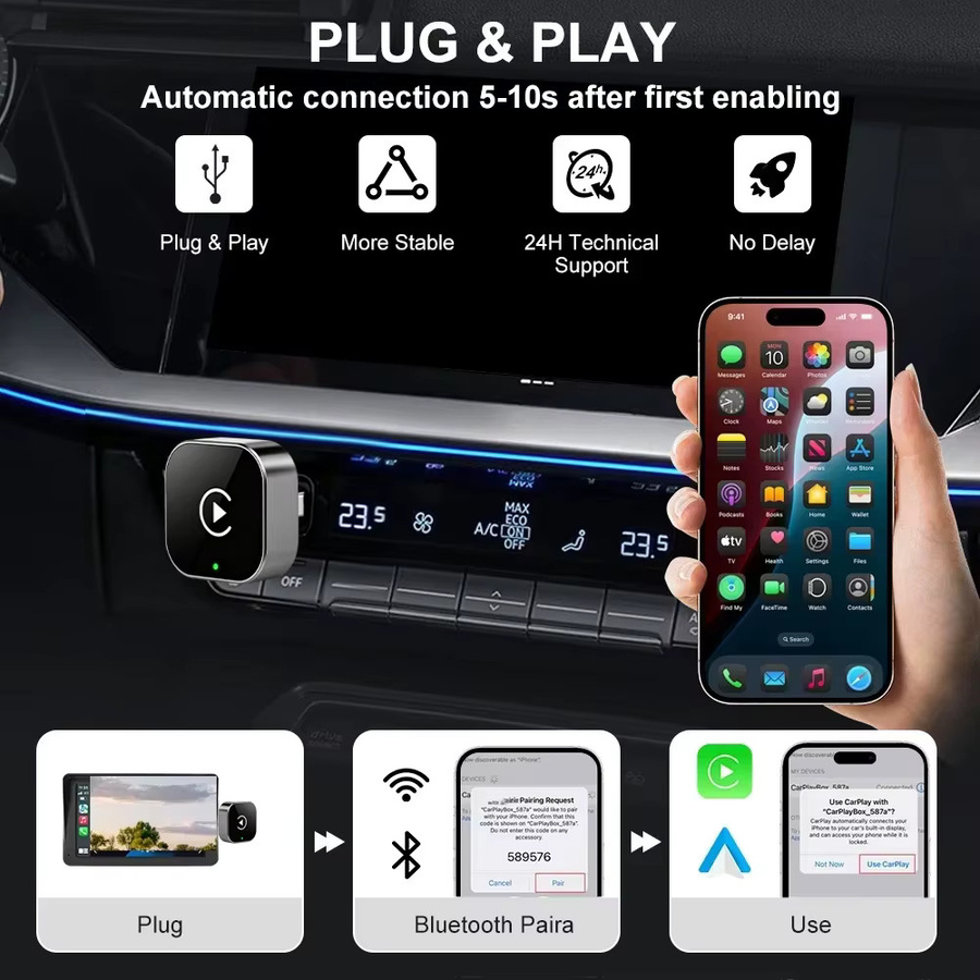 uhulamb 2-in-1 Kabelloser CarPlay und Android Auto Adapter in Schwarz für eine universelle Plug & Play Verbindung - Bild 3