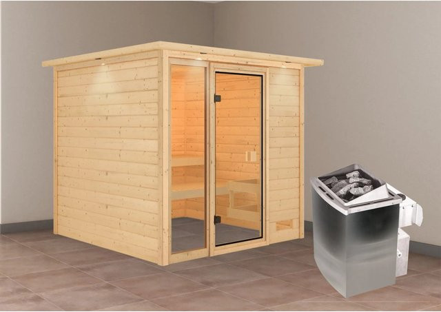 Karibu Massivholzsauna Jutta in Natur mit 9,0 kW Ofen, integrierter Steuerung und LED-Dachkranz, B/T/H: 224 x 210 x 191 cm - Bild 1