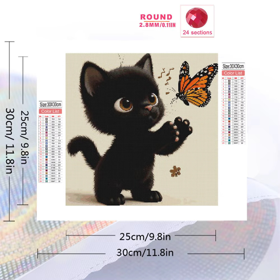 Momoart Diamant-Stickerei Schwarze Katze mit Schmetterling als DIY Handgemachtes Mosaik-Gemälde, Rund, Schwarz/Mehrfarbig, B/T/H: 20 x 20 x 20 cm - Bild 2