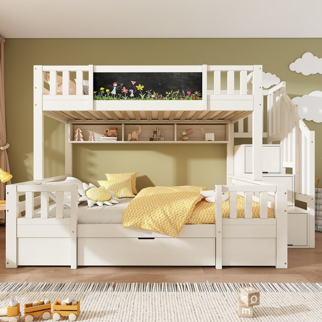 KOMHTOM Massivholz Etagenbett für Kinder in Weiß mit Kreidetafel, Treppe mit Stufen und Schubladen, B/T/H: 90 x 200 cm - Bild 1