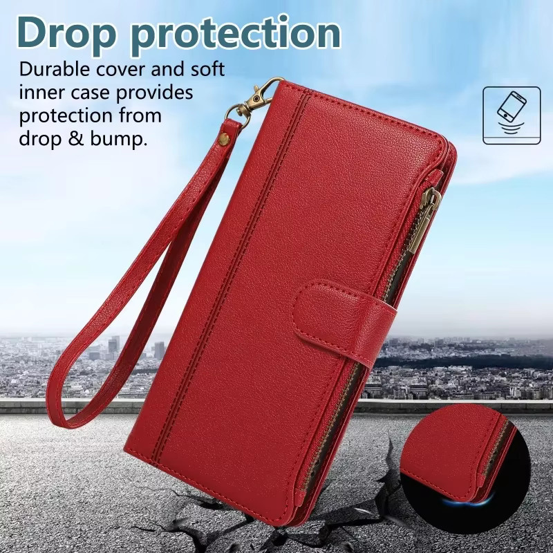 Leder Flip Wallet Handyhülle mit Reißverschluss und Lanyard für Google Pixel 10 Pro XL 9 8 7 in Gold - Bild 4