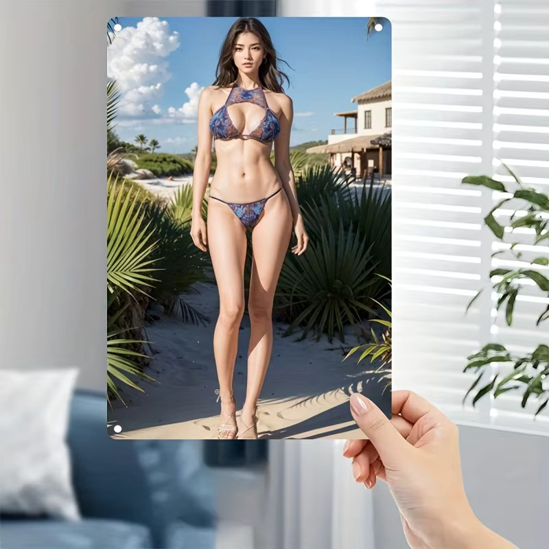 HELLOYOUNG Metall-Wandschild Tropischer Strand mit Bikini-Modell, Mehrfarbig, B/H: 30,0 x 20,0 cm - Bild 4