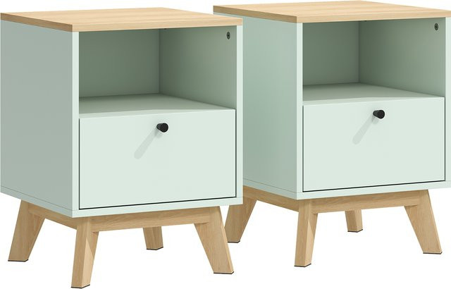 HOMCOM 2er-Set Nachttische im modernen Stil mit Schublade und offenem Fach, Eiche und Hellgrün, B/T/H: 40 x 40 x 55 cm - Bild 1