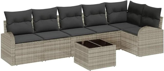 7-tlg. vidaXL Garten-Sofa-Set aus Poly-Rattan in Hellgrau mit Kissen und modernem L-Shape Design - Bild 1