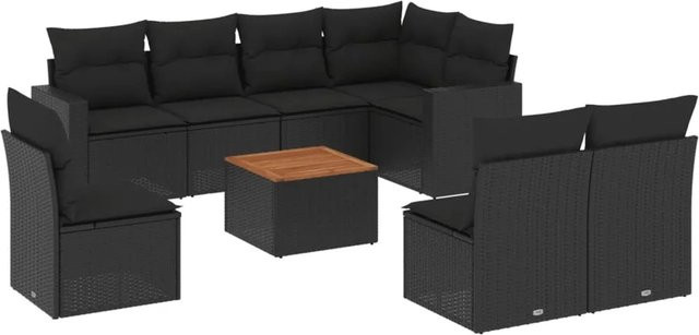 vidaXL 9-tlg Garten-Sofagarnitur aus Poly-Rattan und Akazienholz in Schwarz und Braun mit Kissen - Bild 1