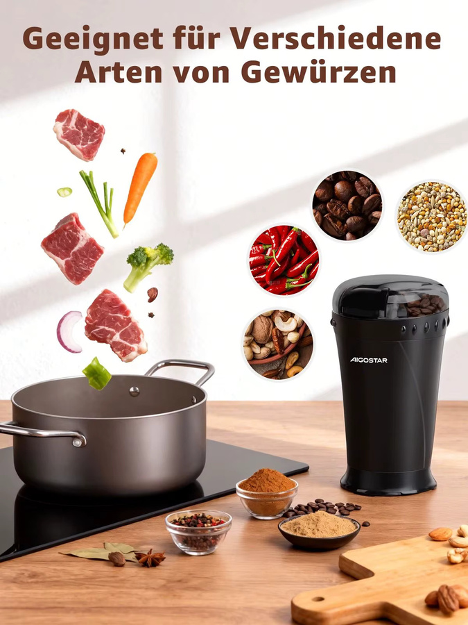 Aigostar Elektrische Kaffeemühle und Gewürzmühle in Schwarz mit Edelstahl-Schlagmesser und 150 Watt Leistung - Bild 7