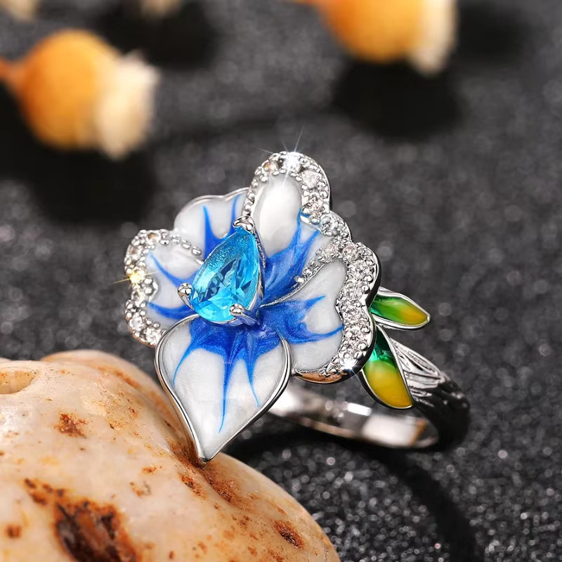 Huitan Ring, blaue Blume, Silber, Zirkonia, Damen - Bild 2