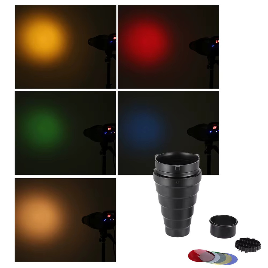 Andoer Konischer Metall-Snoot mit Wabengitter und 5-teiligem Farbfilter-Set für Bowens Mount Studio-Blitze, Schwarz - Bild 3