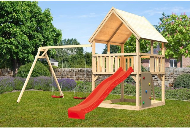 Karibu Spielturm Luis mit Satteldach, Doppelschaukel, Kletterwand und Rutsche in Rot - Bild 1