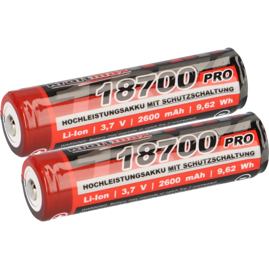 2x Kraftmax 18650 18700 Pro Akku mit PCB Schutzschaltung in Rot, 3,7V, 9,62 Wh für LED Taschenlampen - Bild 1