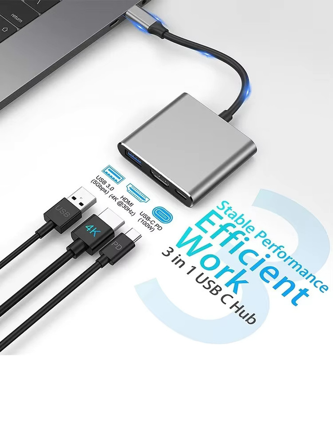 USB-C Hub Adapter in Grau mit HDMI 4K UHD, USB 3.0 und USB-C Anschlüssen für PC, Laptop und MacBook kompatibel mit Huawei Mate 30 - Bild 5