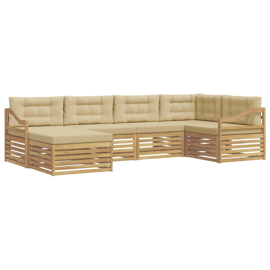 vidaXL Outdoor-Sofagarnitur in L-Form mit 6 Teilen, Set bestehend aus 3-Sitzer-Sofa, Eckelement, Ottoman und Kissen, Weiß und Beige, aus Akazienholz und UV-beständigem Polyester - Bild 2