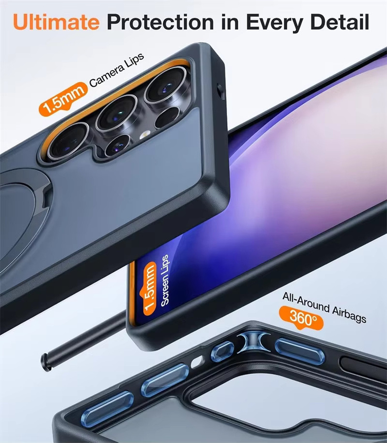 Samsung Galaxy S25 Ultra und S24 Plus MagSafe Schutzhülle mit magnetischem Metallringständer und Objektivschutz in Grau - Bild 5