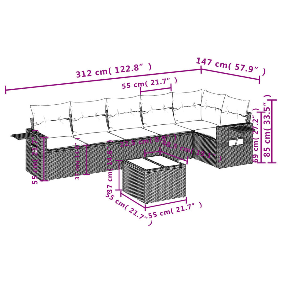 vidaXL 7-tlg. Garten-Sofagarnitur aus Polyrattan in Braun mit UV-beständigen Kissen und L-Form - Bild 3