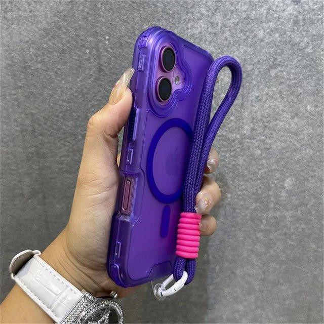 Luxus Armor Matt MagSafe Handyhülle mit buntem Handgelenkband Lanyard für iPhone 16 15 14 13 12 11 Pro Max stoßfest violett - Bild 1