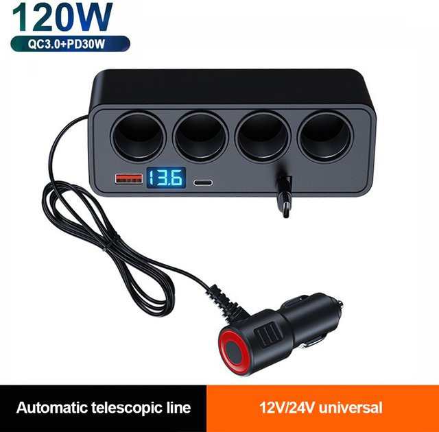 120 W Auto-Zigarettenanzünder-Adapter mit einziehbarem Kabel, QC3.0 und PD30 W Schnellladung, Spannungsanzeige, Schwarz, 12 V/24 V - Bild 1