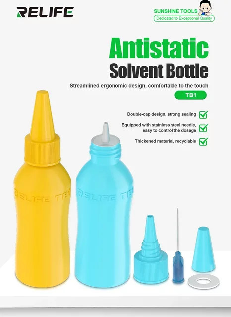 RELIFE TB1 Lösungsmittelflasche mit doppelter Kappe, leere Alkoholflasche für Reinigung von Handy und PCB, Blau, 50 ml - Bild 1