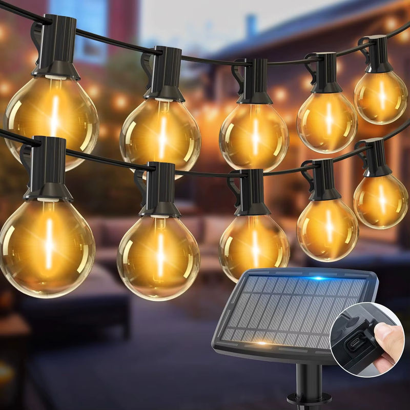 Solar-Lichterkette für Außenbereich und Terrasse mit 52 Glühbirnen, 17,7 m Länge, Warmweiß, Schwarz, mit Fernbedienung und USB-Anschluss, Wasserdicht - Bild 4