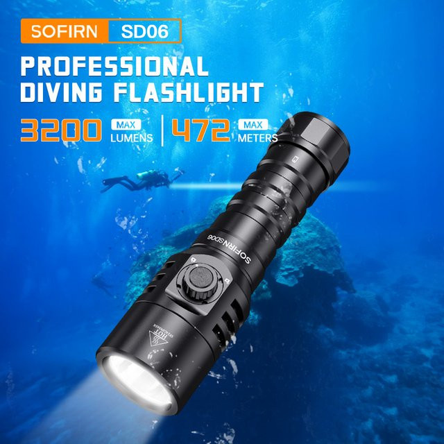 Sofirn SD06 Tauchtaschenlampe in Schwarz mit 3200 lm, SFT70 LED und IP68 Wasserdichtigkeit - Bild 1