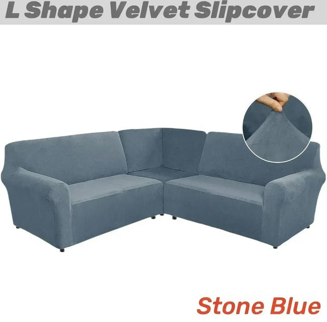 Yiran Furniture 3-teiliger L-förmiger Ecksofa-Bezug aus Samt für modulare 5-Sitzer Sofas, Blau - Bild 1