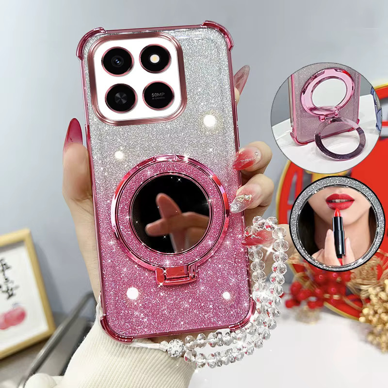 Stoßfeste Handyhülle für Huawei Honor X5B Plus mit Glitzer-Design, Spiegelständer und Perlenarmband in Schwarz - Bild 1