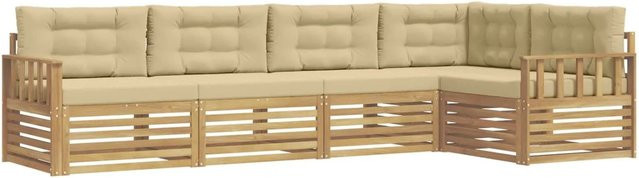 vidaXL Outdoor-Sofagarnitur in L-Form aus Akazienholz mit Kissen, 6-teilig, Weiß und Beige - Bild 1