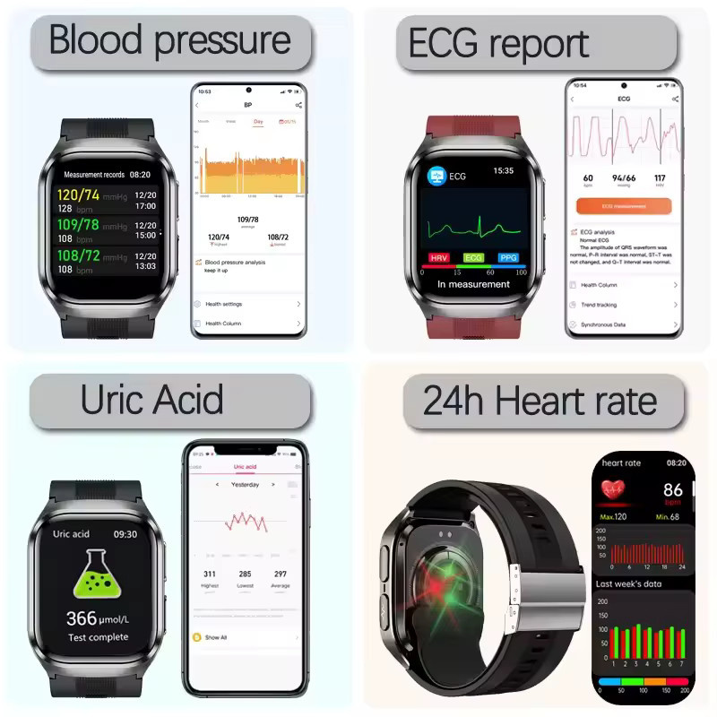GUHUAVMI Gesundheits-Smartwatch mit Blutdruckmessung, Harnsäure- und Blutfettmessung, wasserdicht, für Herren und Damen in Schwarz und Rot - Bild 4