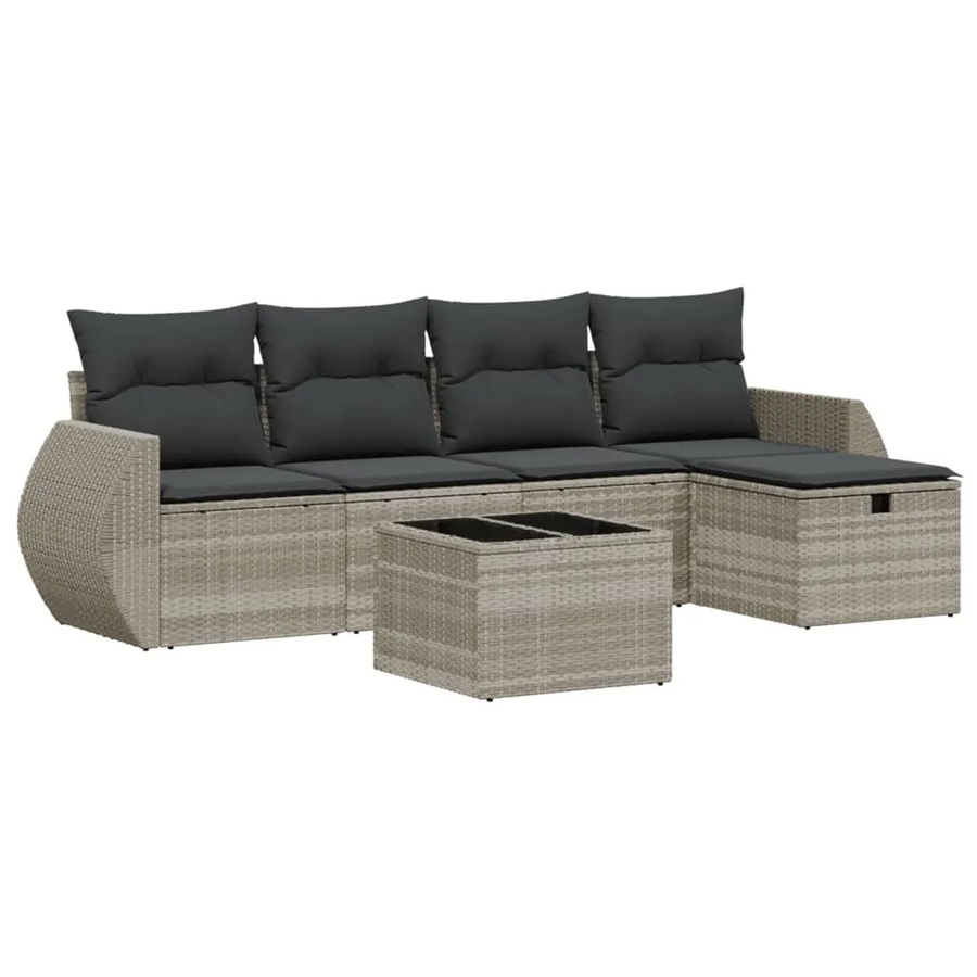 vidaXL 6-tlg Garten-Sofagarnitur in L-Form aus Poly Rattan mit Kissen und Glastisch in Grau - Bild 2