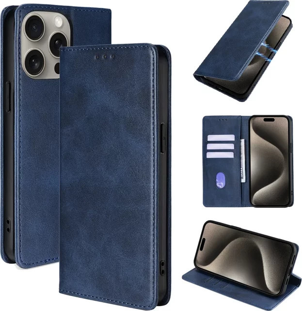 Business Leder Handyhülle für Apple iPhone als magnetische Brieftasche mit Kartenfächern in Blau - Bild 1