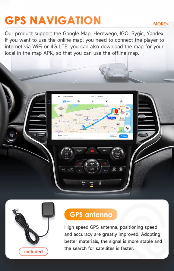 Hizpo Autoradio mit Navigation, GPS, Android Auto und Apple CarPlay für Jeep Grand Cherokee WK2 2014-2022, Schwarz - Bild 3