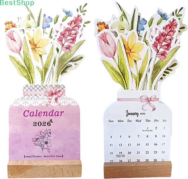 Tischkalender 2026 KOQZM mit Holzrahmen in Vasenform, braun und mehrfarbig, monatlich im skandinavischen Design - Bild 1