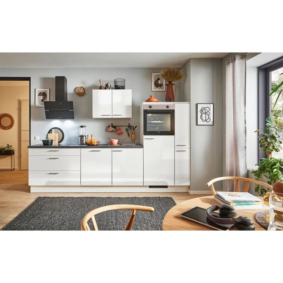 pino Küchenzeile Weiß Hochglanz mit Anschlag rechts, inklusive 1 Geräte- und 1 Seitenschrank, Breite: 310 cm - Bild 2