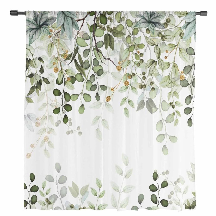 Yiran Furniture Transparentes Tüll-Voile-Organza Vorhang mit abstraktem Blätter- und Zweigmuster in Salbeigrün, Breite: 135 cm, Höhe: 185 cm - Bild 1